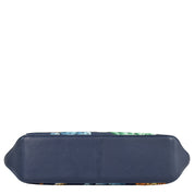 The Slim Shoulder Hobo - 714 by Anuschka is a rectangular everyday bag with a navy blue base and multicolored sides, crafted from genuine leather, shown from the bottom view.