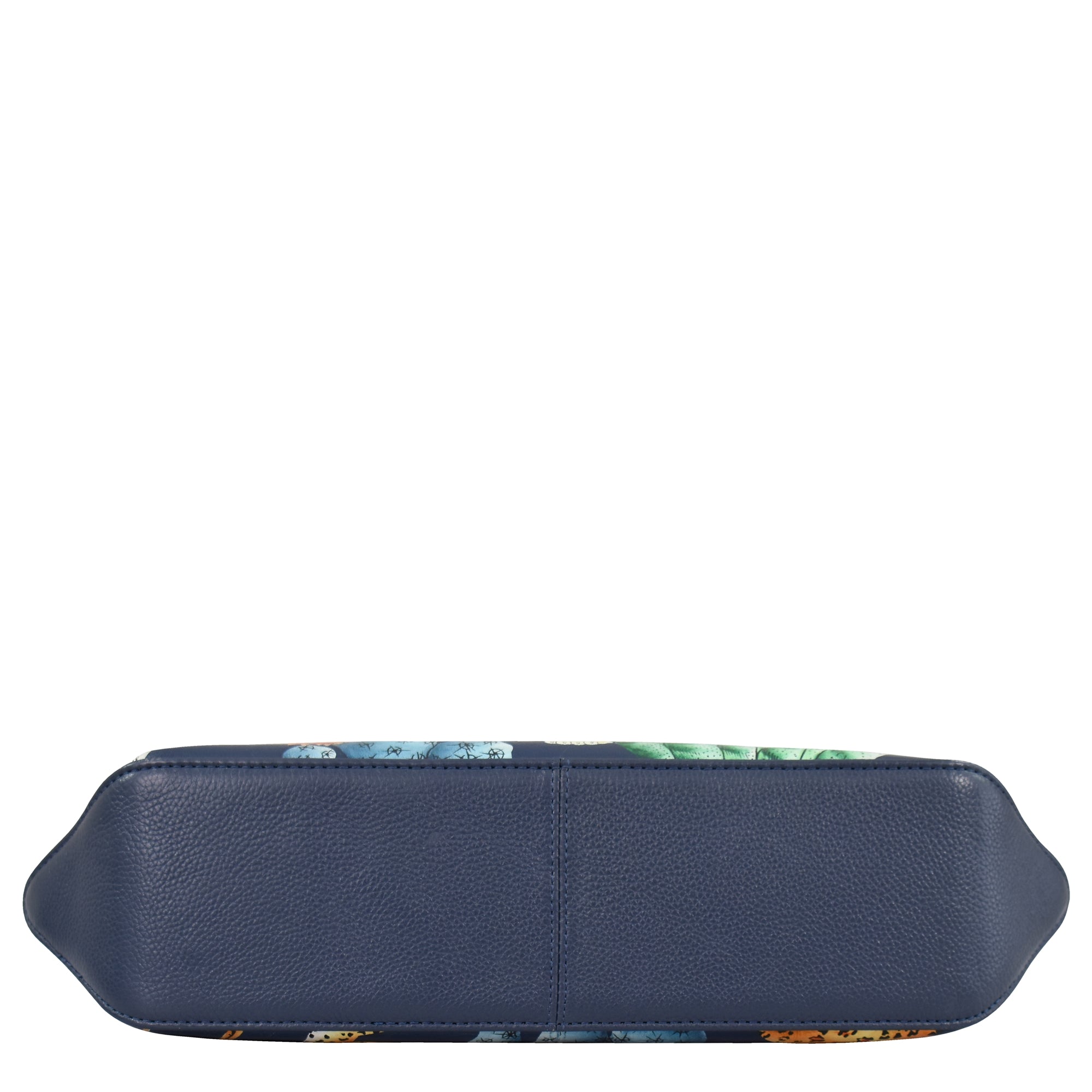 The Slim Shoulder Hobo - 714 by Anuschka is a rectangular everyday bag with a navy blue base and multicolored sides, crafted from genuine leather, shown from the bottom view.