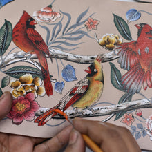 Load image into Gallery viewer, Hand painting colorful bird illustrations on an Anuschka Large Zip Top Tote - 698.

