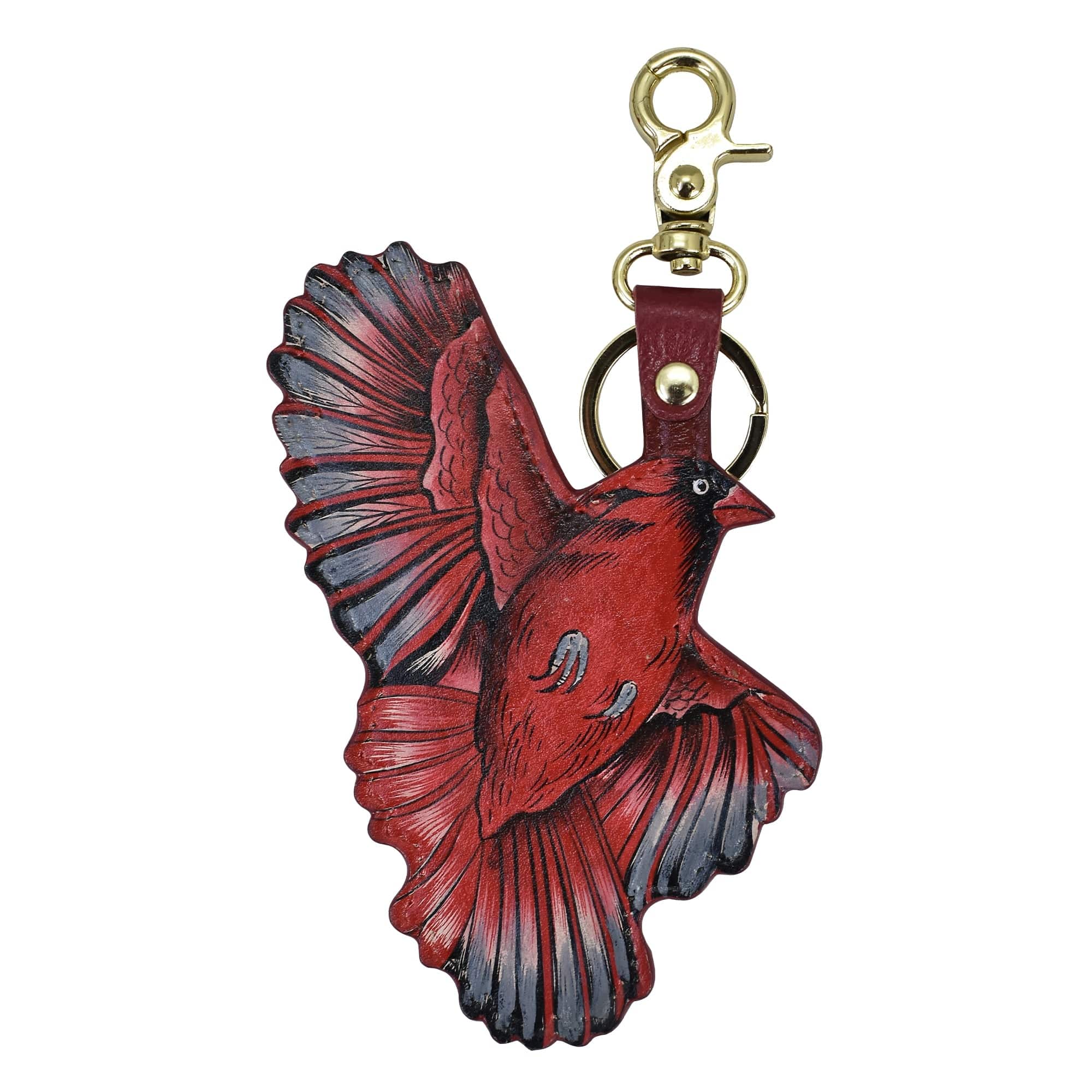 Anuschka's colourful hand painted leather keychain is the shape of an red bird-K0038.