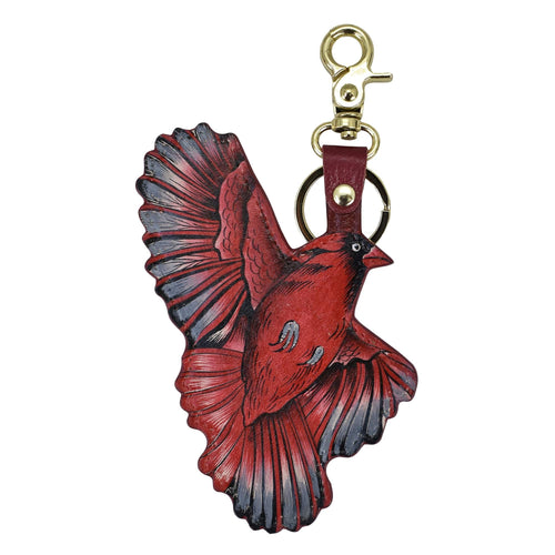 A hand-painted keychain featuring a red bird with outstretched wings - Anuschka Painted Leather Bag Charm K0038 - Keycharms.