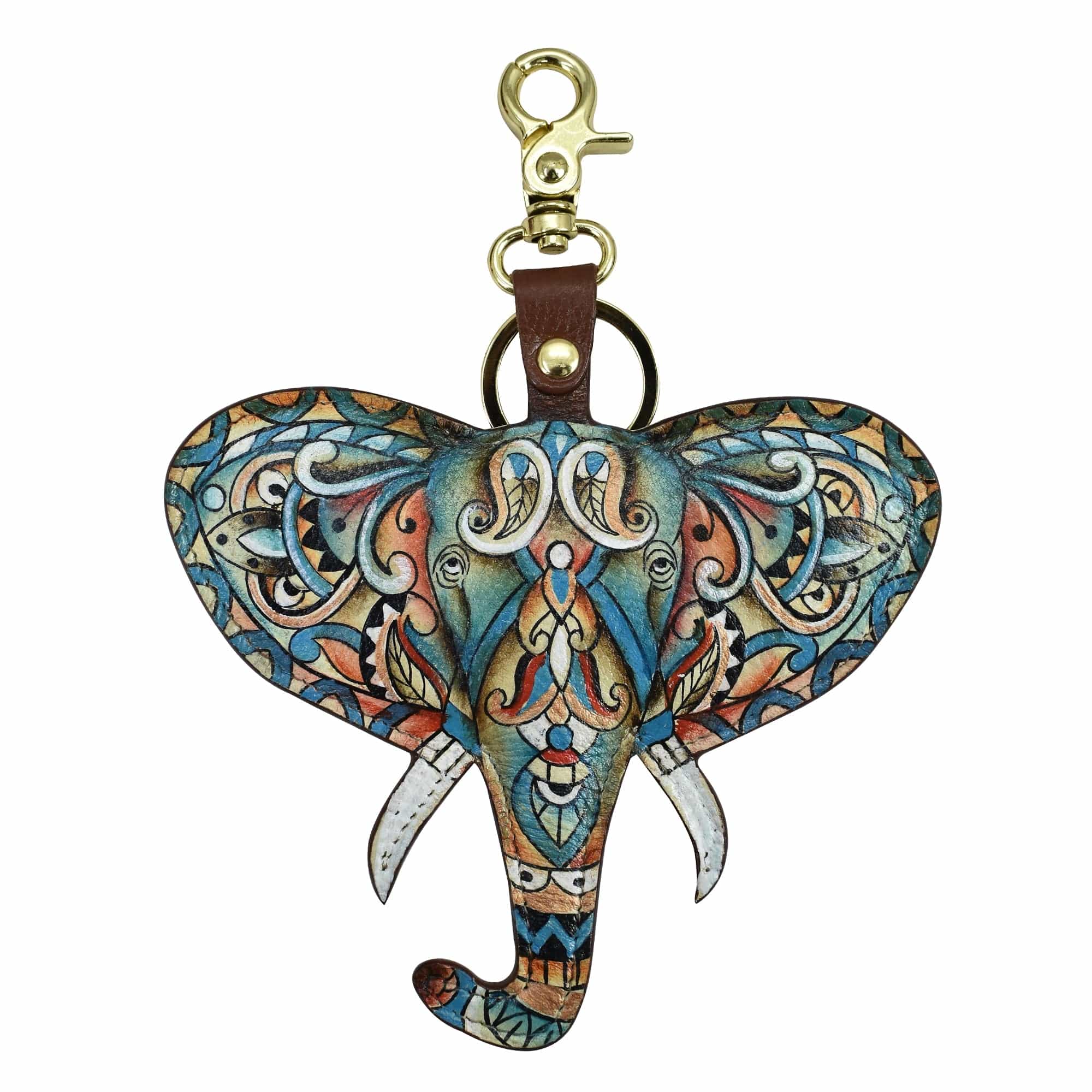 Anuschka's colourful hand painted leather keychain is the shape of an elephant-K0039.