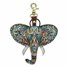 Load image into Gallery viewer, A colorful, hand-painted Painted Leather Bag Charm K0039 in the shape of an elephant with intricate patterns and a metal clasp by Anuschka.
