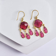 Load image into Gallery viewer, Triple Dew Drop earrings with pink gemstones from Vanya Lara on a white background.
