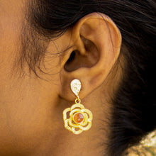 Load image into Gallery viewer, A woman wearing Vanya Lara&#39;s Floral Drop Earrings (VER0007) with intricate designs.
