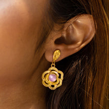 Load image into Gallery viewer, A close-up of a woman&#39;s ear wearing a Vanya Lara Floral Drop Earrings - VER0007 with hydro stone petals.

