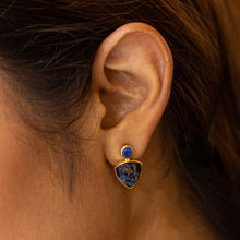 Load image into Gallery viewer, Close-up of a woman&#39;s ear wearing Vanya Lara&#39;s Triangle Drop Earrings (VER0009) with gold plating.
