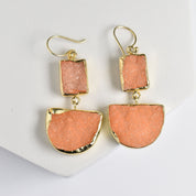 Two-Tiered Geometric Earrings with rectangular and half-moon shapes featuring pink Sugar Druzy stone inlays - VER0010 by Vanya Lara.