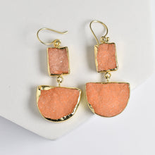 Load image into Gallery viewer, Two-Tiered Geometric Earrings with rectangular and half-moon shapes featuring pink Sugar Druzy stone inlays - VER0010 by Vanya Lara.
