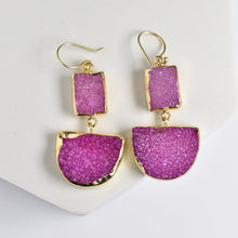 Load image into Gallery viewer, Two-Tiered Geometric Earrings with purple Sugar Druzy stone insets displayed on a white background by Vanya Lara.
