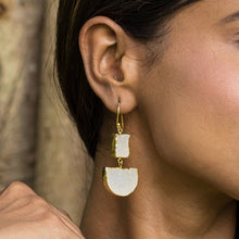 Load image into Gallery viewer, A close-up of a woman wearing Two-Tiered Geometric Earrings by Vanya Lara with Sugar Druzy stones.
