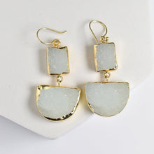 Load image into Gallery viewer, Gold-framed, Two-Tiered Geometric Earrings with Sugar Druzy stone inlays by Vanya Lara.
