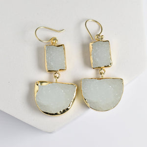 Gold-framed, Two-Tiered Geometric Earrings with Sugar Druzy stone inlays by Vanya Lara.