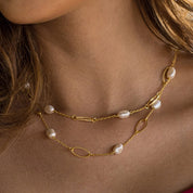 A close-up of a Pretty In Pearl Necklace - VNK0001 from the Vanya Lara luxury pearl collection around a woman's neck.