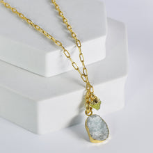 Load image into Gallery viewer, Close-up of a woman wearing a Vanya Lara gold-plated necklace with an Abstract Gemstone Pendant (VNK0005), symbolizing self-love.
