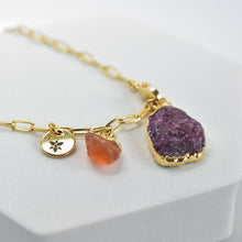 Load image into Gallery viewer, Gold-plated chain necklace with an Abstract Gemstone Pendant (VNK0005) by Vanya Lara and an orange gemstone charm.

