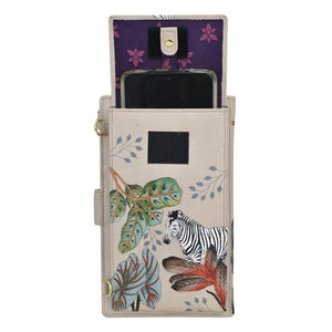 Cell Phone Case & Wallet - 1113 in a beige genuine leather wallet case with a zebra and floral design by Anuschka.