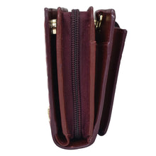 Load image into Gallery viewer, Side view of a closed, burgundy, Anuschka Organizer Wallet Crossbody - 1149 with a zipper compartment.
