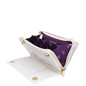 Anuschka Organizer Wallet Crossbody - 1149 with open compartments and purple floral interior design, featuring RFID protection.
