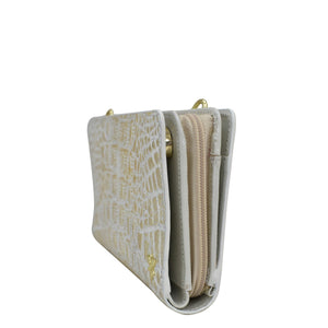 Beige genuine leather crocodile texture wallet with gold-tone hardware and RFID protection against a white background. 
Product Name: Organizer Wallet Crossbody - 1149 by Anuschka.