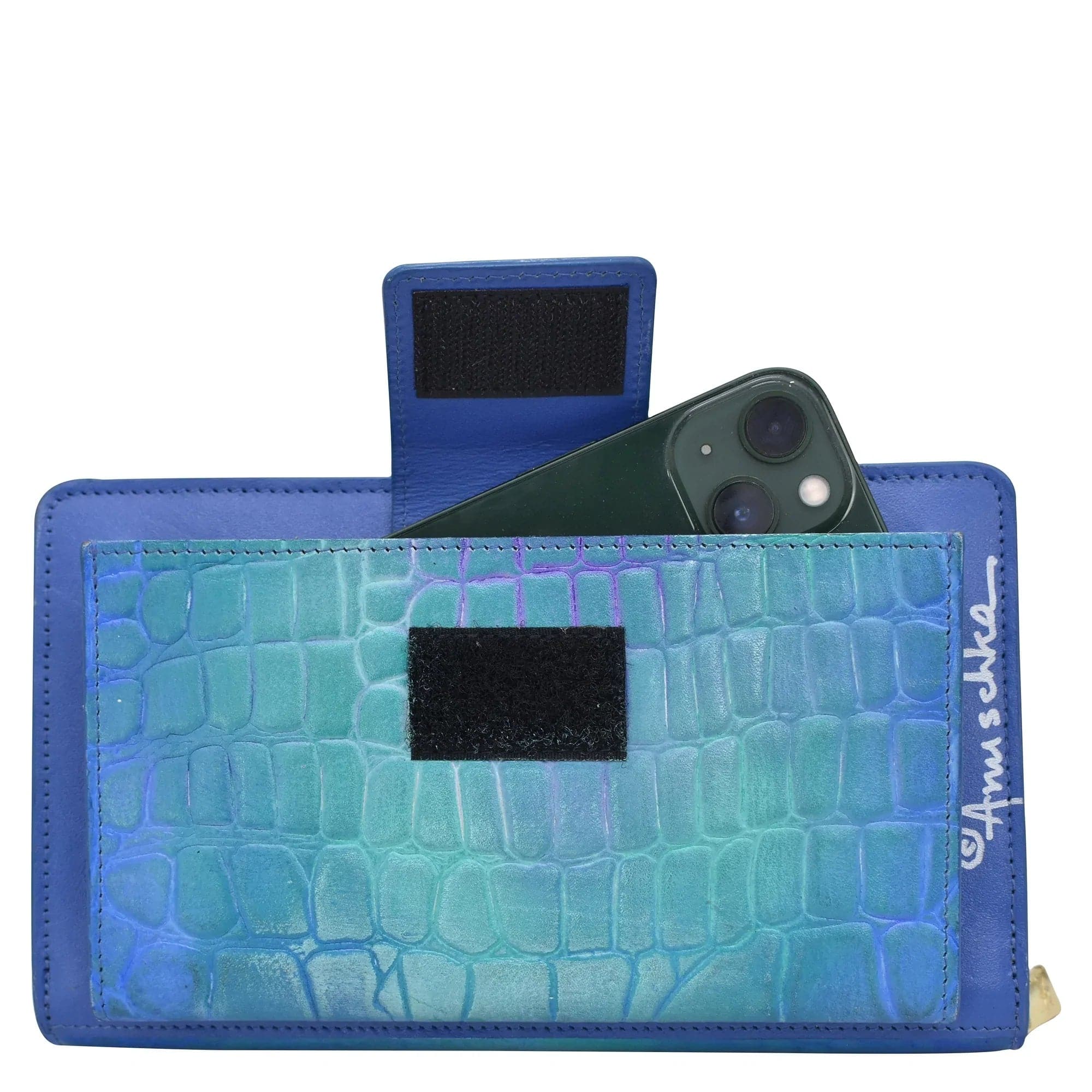 Anuschka Organizer Wallet Crossbody - 1149 with RFID protection, a smartphone, and card holder.