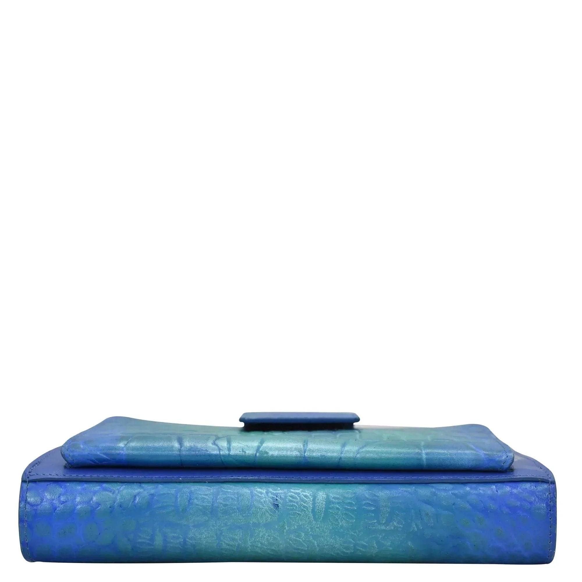 Blue gymnastics balance beam isolated on a white background, with genuine leather construction and RFID protection.