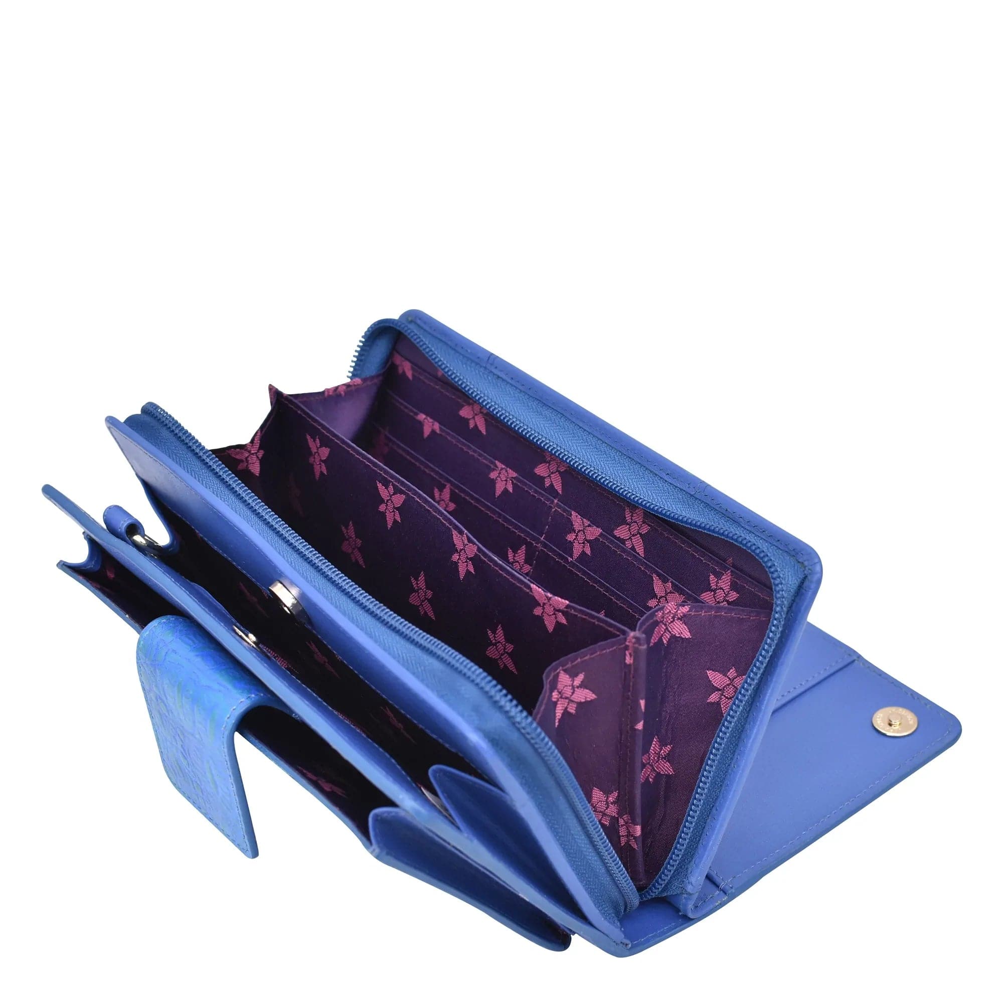 Open Anuschka Organizer Wallet Crossbody - 1149 with multiple compartments and a floral pattern interior, isolated on a white background.