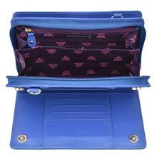 Load image into Gallery viewer, Open blue Anuschka Organizer Wallet Crossbody - 1149 displaying card slots and patterned interior.

