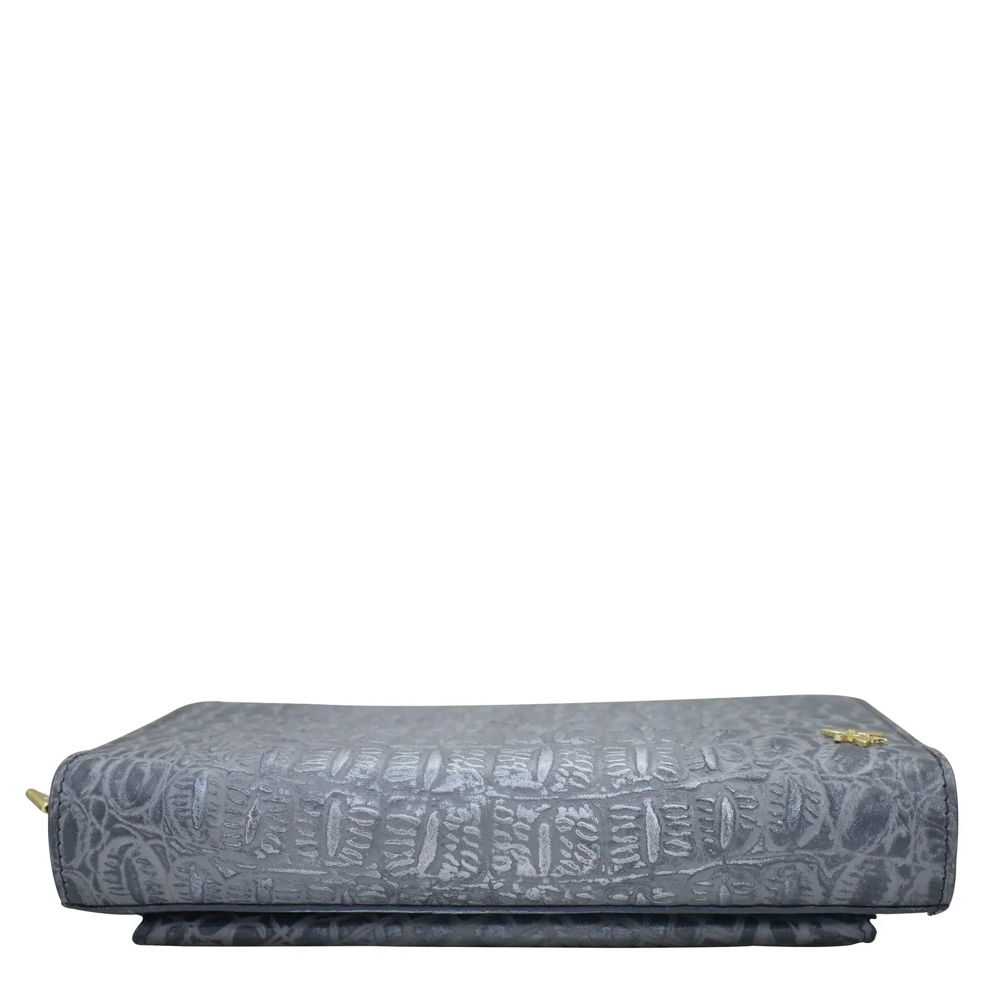 Gray patterned Anuschka Organizer Wallet Crossbody - 1149 isolated on a white background.