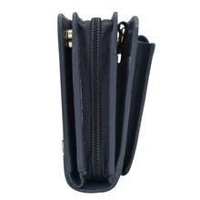 Load image into Gallery viewer, Side view of a black Anuschka Organizer Wallet Crossbody - 1149 with compartments and RFID protection.

