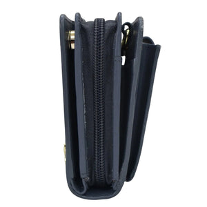 Side view of a black Anuschka Organizer Wallet Crossbody - 1149 with compartments and RFID protection.