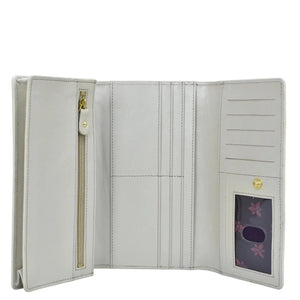 Open Anuschka Three Fold Wallet - 1150 with card slots, a coin pocket, and a transparent ID window.