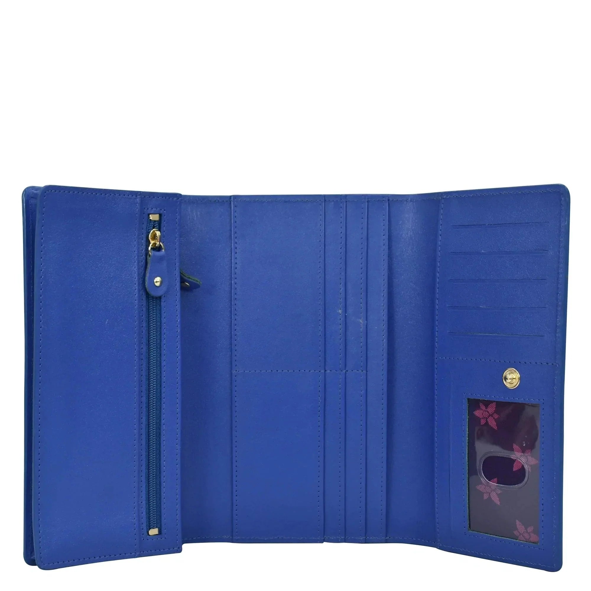 Anuschka's Three Fold Wallet - 1150 opened to show card slots, a zipper compartment, and a decorative floral element.