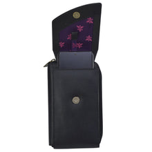 Load image into Gallery viewer, Black genuine leather Crossbody Phone Case - 1173 by Anuschka with a floral interior and a phone partially visible.
