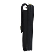 Side view of a closed black Anuschka genuine leather zipper wallet with a carabiner attached.