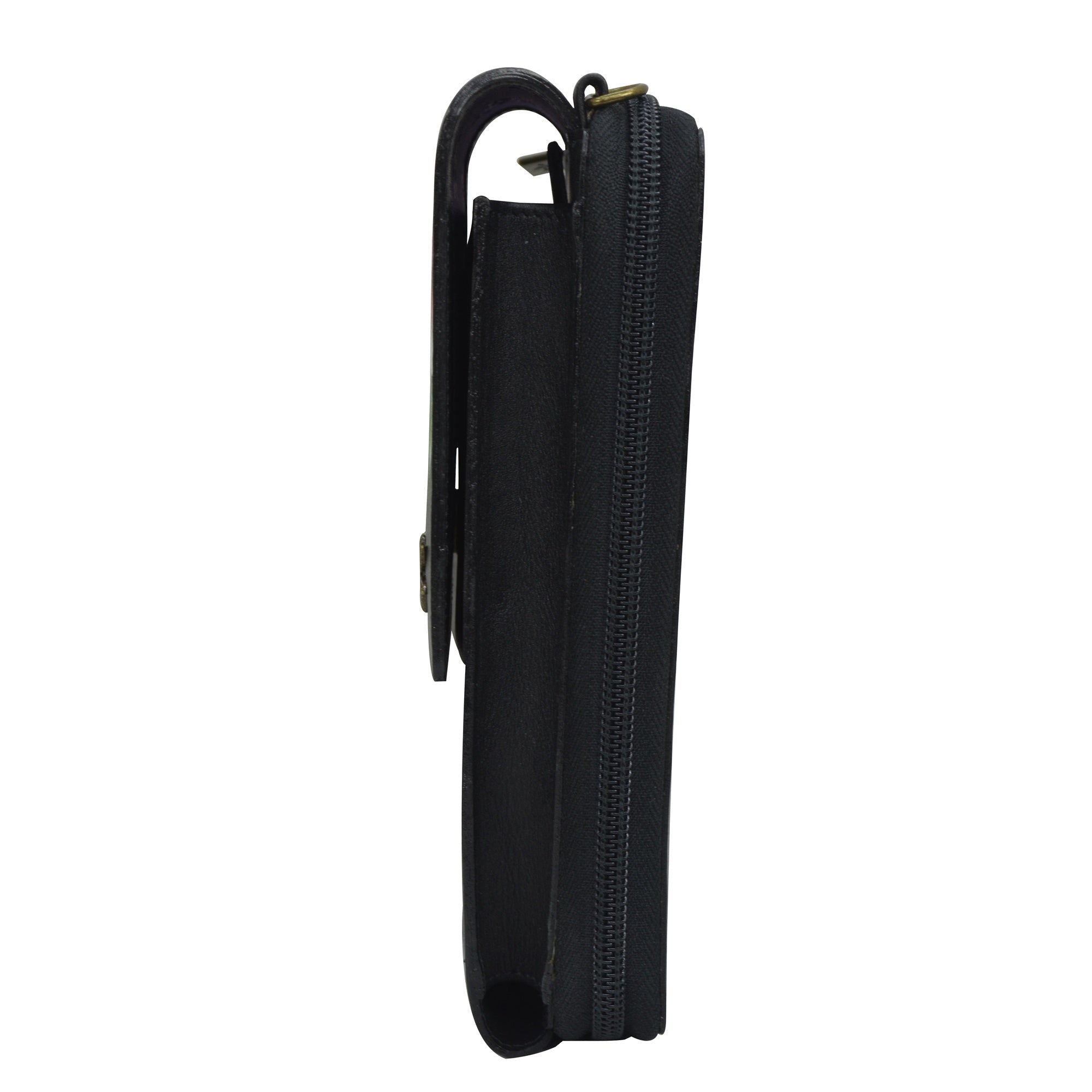 Side view of a closed black Anuschka genuine leather zipper wallet with a carabiner attached.