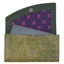 Load image into Gallery viewer, Anuschka Accordion Flap Wallet - 1174 in genuine leather green floral-patterned with RFID protection and a smartphone inside.
