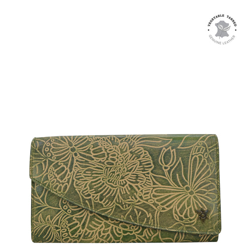 Anuschka style 1174, Leather accordion flap wallet. Tooled Butterfly in green or mint color. Featuring RFID blocking and many credit card slots.