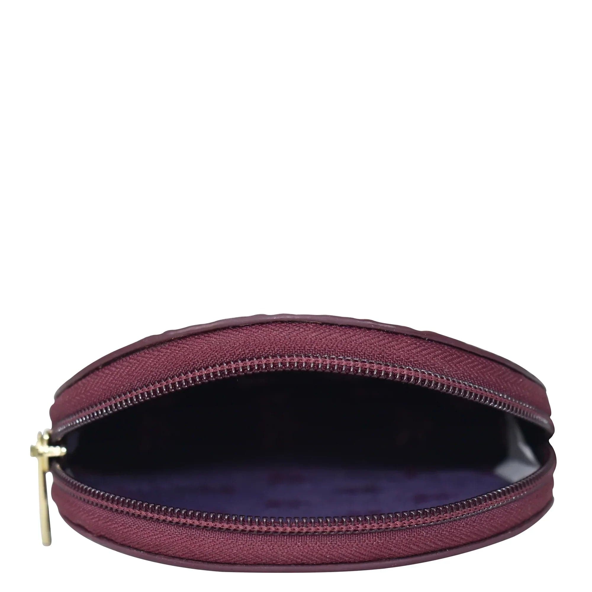Burgundy-colored, genuine leather Anuschka Round Coin Purse - 1175 on a white background.