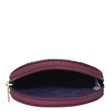 Load image into Gallery viewer, Burgundy-colored, genuine leather Anuschka Round Coin Purse - 1175 on a white background.
