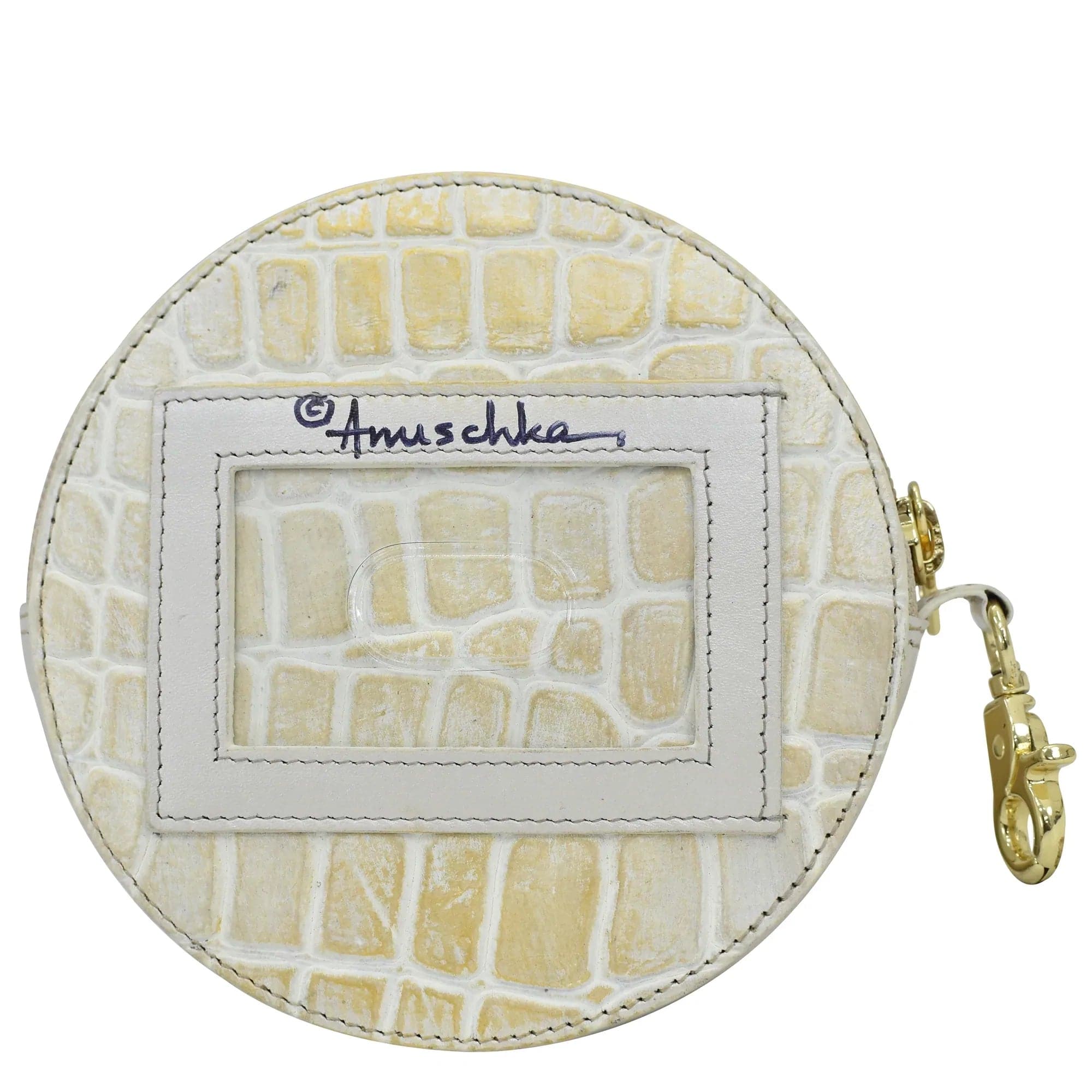 Croco Embossed Cream Gold Round Coin Purse - 1175