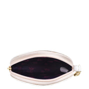 An open, empty beige genuine leather round coin purse - 1175 with a floral-patterned interior and gold-toned zipper by Anuschka.