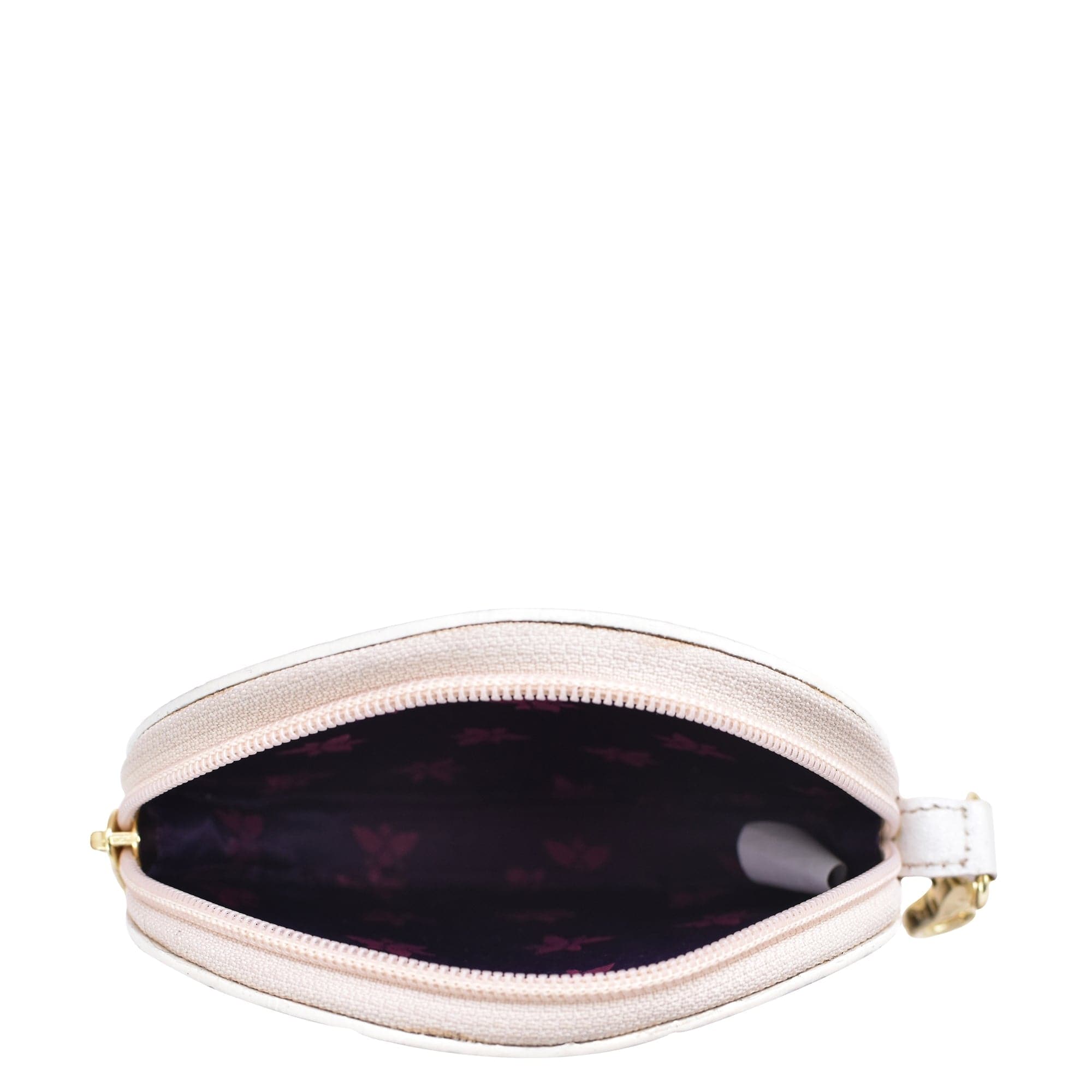 An open, empty beige genuine leather round coin purse - 1175 with a floral-patterned interior and gold-toned zipper by Anuschka.
