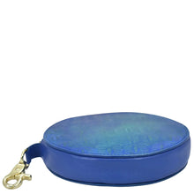 Load image into Gallery viewer, Blue Anuschka round genuine leather pouch with a gold-tone clasp against a white background.
