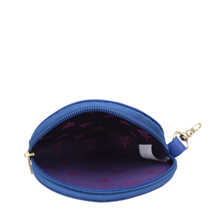 Open blue Anuschka Round Coin Purse - 1175 with floral interior lining.