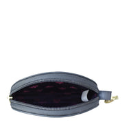 Gray genuine leather semi-circular zippered Round Coin Purse - 1175 with a partial view of sunglasses inside by Anuschka.