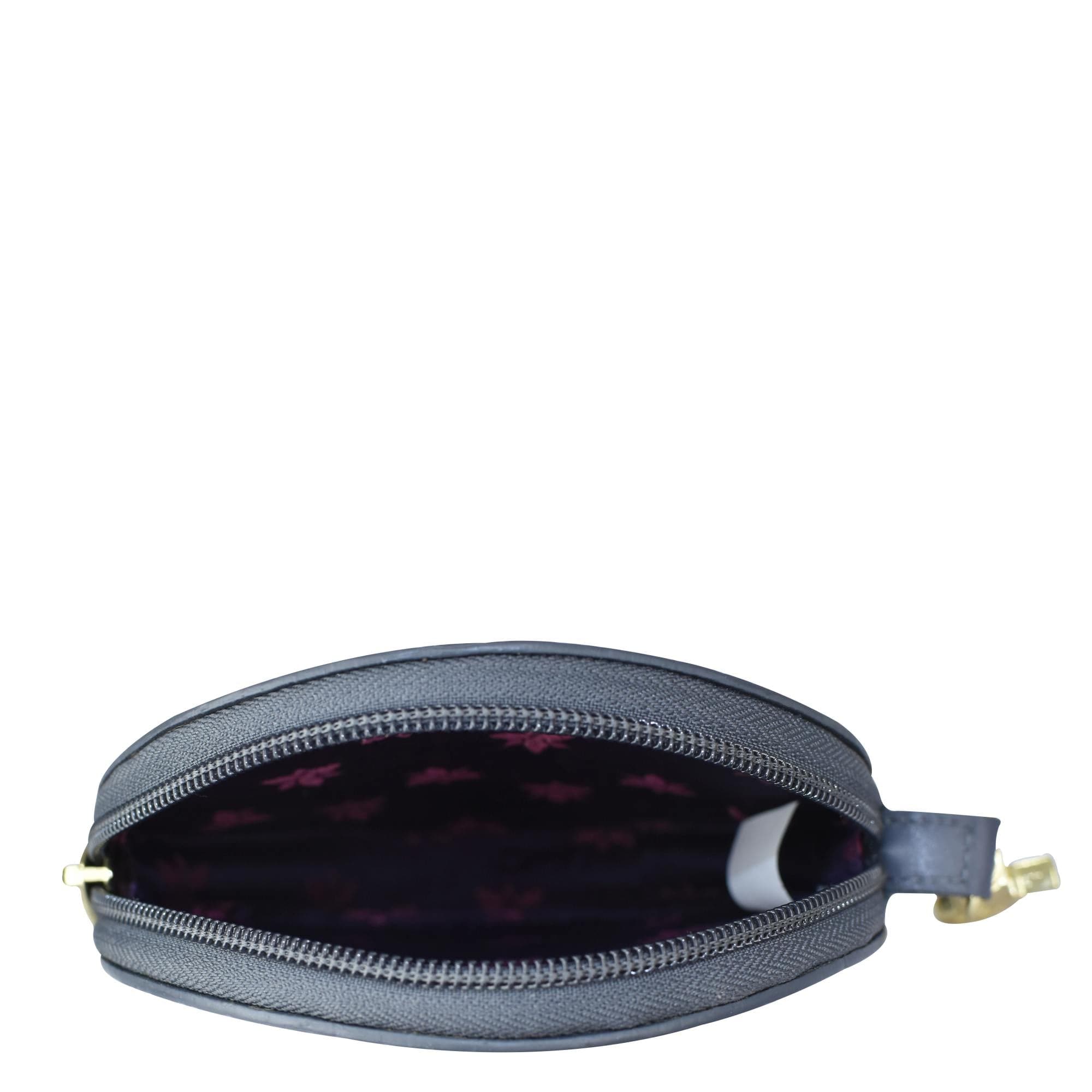 Gray genuine leather semi-circular zippered Round Coin Purse - 1175 with a partial view of sunglasses inside by Anuschka.