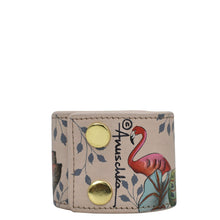 Load image into Gallery viewer, Compact wallet with a flamingo design, snap closure, and hand-painted original artwork - Anuschka Leather Adjustable Leather Wrist Band - 1176.
