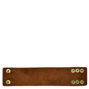 Genuine brown leather Adjustable Leather Wrist Band - 1176 with snap fasteners on a white background by Anuschka.