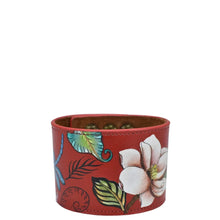 Load image into Gallery viewer, Red floral cuff bracelet, adjustable dimensions, on a white background.
Product Name: Anuschka Leather Adjustable Leather Wrist Band - 1176
